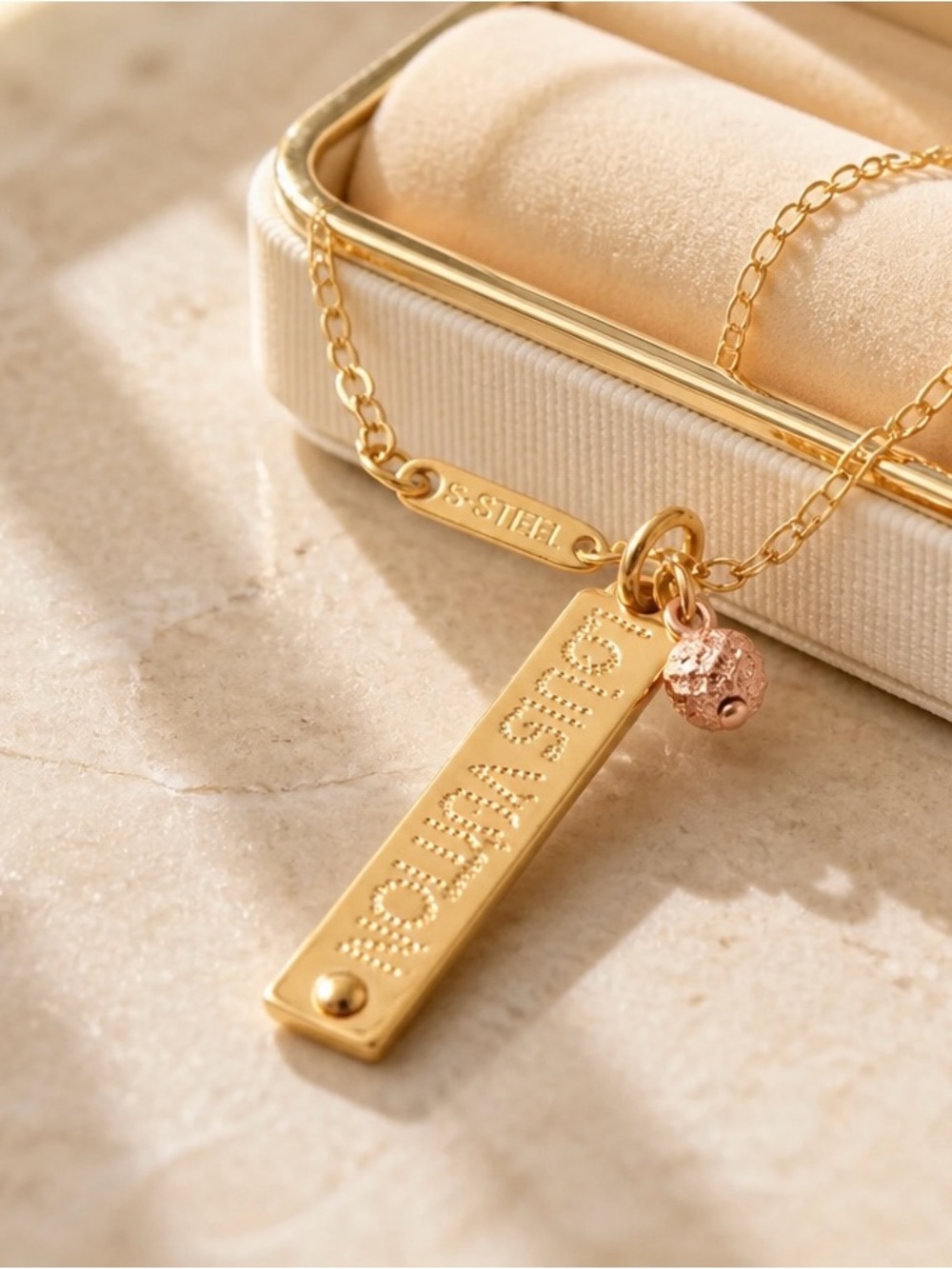 Gold Stainless Steel Bar Pendant Necklace with Pink Accent Charm